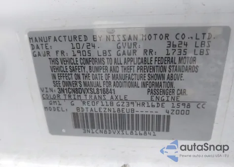 2025 Nissan Versa 1.6 S z USA, uszkodzony, nr VIN 3N1CN8DVXSL816841